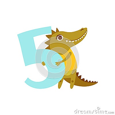 Funny cute croc animal and number five, birthday anniversary, learn to count concept cartoon vector Illustration Vector Illustration