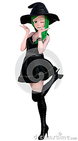 Sassy young witch in short dress, black boots and witches hat Stock Photo