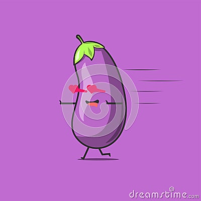 Funny cute eggplant character. Vector flat eggplant cartoon character falling in love. Isolated on purple background. Eggplant Vector Illustration