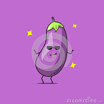 Funny cute eggplant character. Vector flat eggplant cartoon character with sunglasses. Isolated on purple background. Eggplant Vector Illustration