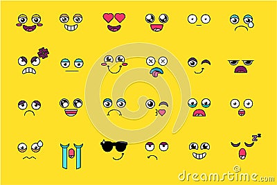 Funny, cute emoji sticker set Vector Illustration