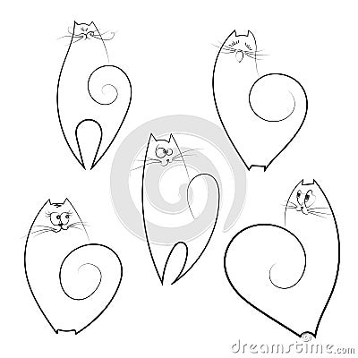 Funny cute emotional cats Linear creative drawing of domestic animals A group of strange cats isolate Element of design sketch Vector Illustration