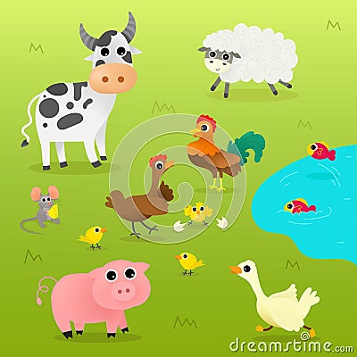 Funny Cute Farm Animals Set. Vector Illustration