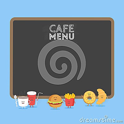 Funny cute fast food burger, soda, french fries, croissant and donut drawn with a smile, eyes and hands. Kids restaurant menu card Stock Photo