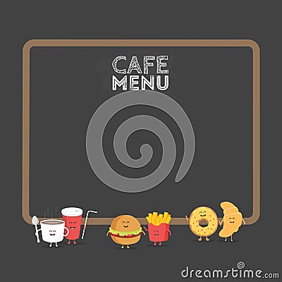 Funny cute fast food burger, soda, french fries, croissant and donut drawn with a smile, eyes and hands. Kids restaurant menu card Stock Photo