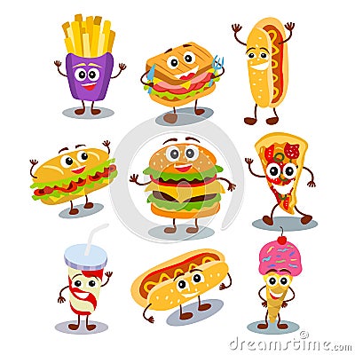 Funny, cute fast food hamburger, sandwich, hot dog, pizza, ice c Vector Illustration