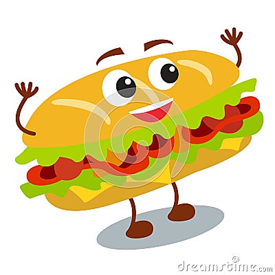 Funny, cute fast food sandwich with smiling human face isolated Vector Illustration