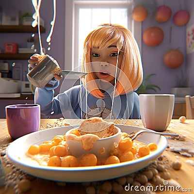 funny cute girl eats breakfast.3d illustration Cartoon Illustration