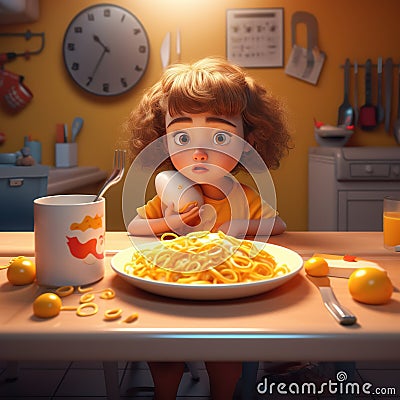 funny cute girl eats breakfast.3d illustration Cartoon Illustration