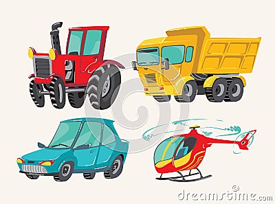 Funny cute hand drawn cartoon vehicles. Baby bright cartoon helicopter, big truck, car, and tractor. Transport child Vector Illustration