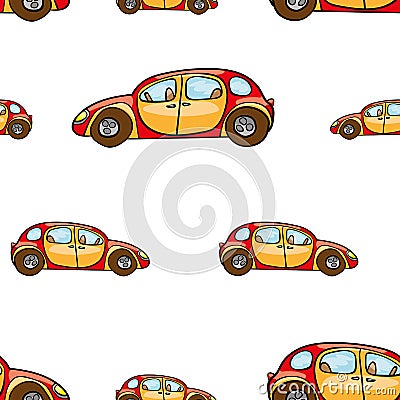 Funny cute hand drawn kids toy transport. Baby bright cartoon car vector seamless pattern on white background. Set of isolated ele Vector Illustration