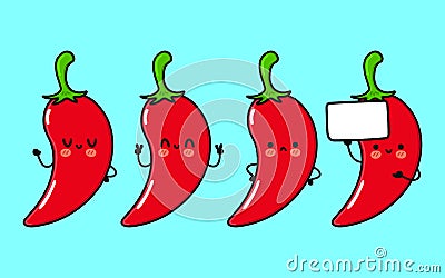 Funny cute happy chili pepper characters bundle set. Vector hand drawn doodle style cartoon character illustration icon Vector Illustration