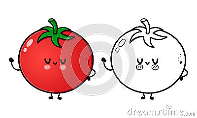 Funny cute happy Tomato characters bundle set. Vector hand drawn cartoon kawaii character illustration icon. Cute Tomato Vector Illustration