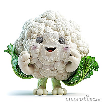 Funny cute head of cauliflower with hands and eyes, 3d illustration on a white background, Cartoon Illustration
