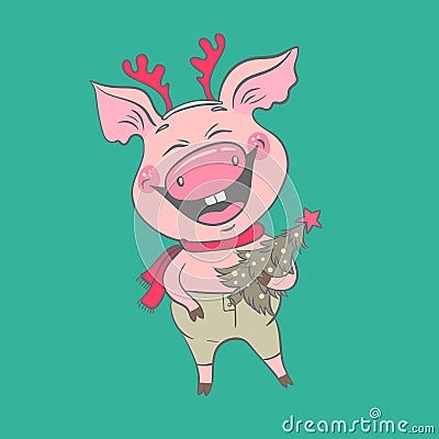 Funny cute laughing pig with Christmas deer horns on his head. Vector Illustration