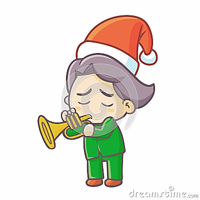 Funny and cute man wearing Santa`s hat for christmas and playing trumpet seriously Vector Illustration