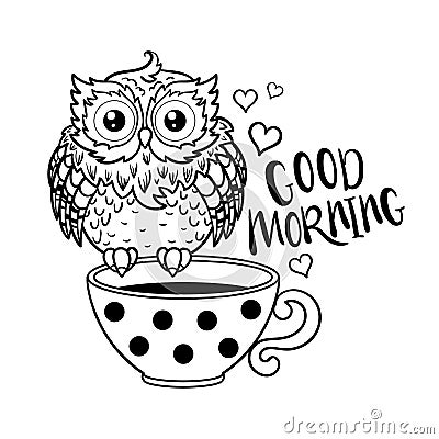 Funny. cute owl with a cup of coffee. Cartoon character. Black outline on a white background. Vector Vector Illustration