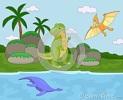 Funny cute pterodactyl, pliosaur and tyrannosaurus. Educational Vector Illustration