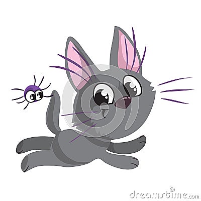 Funny cute running kitten with his friend spider Vector Illustration