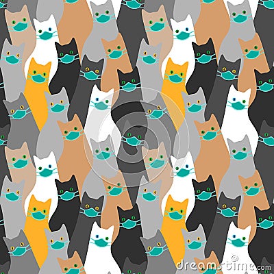 Cute seamless pattern with many cats wearing medical masks Vector Illustration