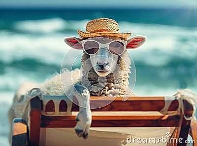 A funny cute sheep with curly wool in sunglasses and a straw hat rests on chaise longue on the shore of the blue sea Stock Photo