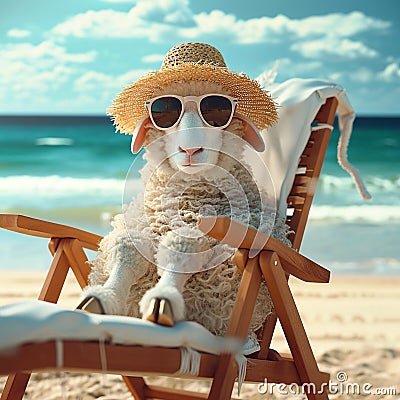 A funny cute sheep with curly wool in sunglasses and a straw hat rests on chaise longue on the shore of the blue sea Stock Photo