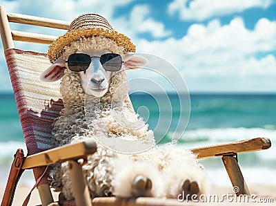 A funny cute sheep with curly wool in sunglasses and a straw hat rests on chaise longue on the shore of the blue sea Stock Photo