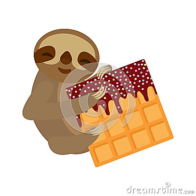 Funny and cute smiling Three-toed sloth with Belgian waffle with chocolate and sprinkle on white background. Vector Vector Illustration