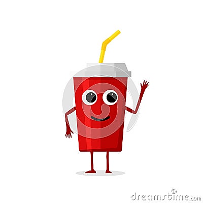 Funny and cute soda drink red paper cup character isolated on white background. Cola with smiling human face Vector Illustration