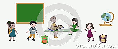 Funny cute students at the school. The lesson, communication, communication, friendship, change, education, children in medical ma Vector Illustration