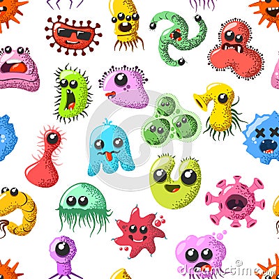 Funny and cute virus, bacteria, germ cartoon characters seamless pattern. Microbe and pathogen microorganism background. Vector Illustration