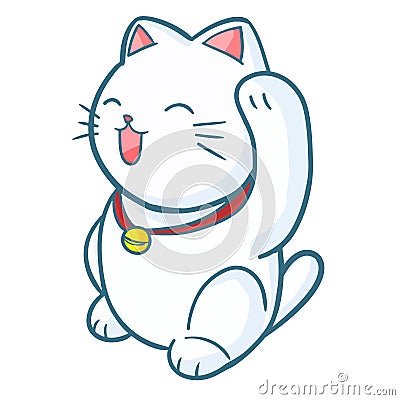 Funny and cute white happy cat waving its hand Vector Illustration