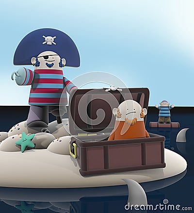 Funny 3D Cartoon Pirates stranded on an Island Stock Photo