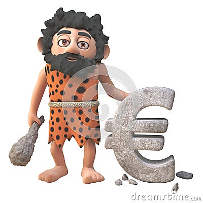 Funny 3d cartoon prehistoric caveman character carving a Euro currency symbol in rock, 3d illustration Cartoon Illustration
