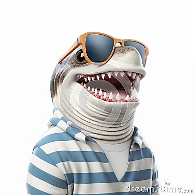 Funny 3d Shark Man With Sunglasses In Striped Shirt Stock Photo