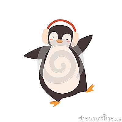 Funny dancing cartoon penguin in earmuffs vector flat illustration. Adorable happy polar animal moving in warm accessory Vector Illustration