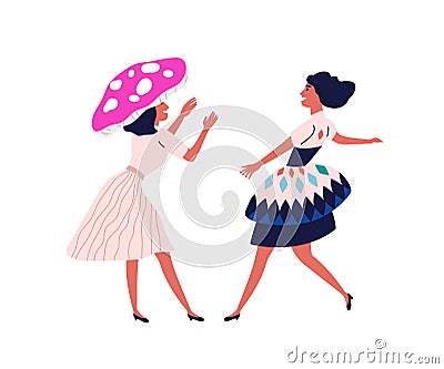 Funny dancing woman in Halloween masquerade mushroom hat, carnival costume, ornamented dress. Girls performers at Vector Illustration