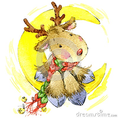 Funny deer Santa Claus. watercolor illustration Cartoon Illustration