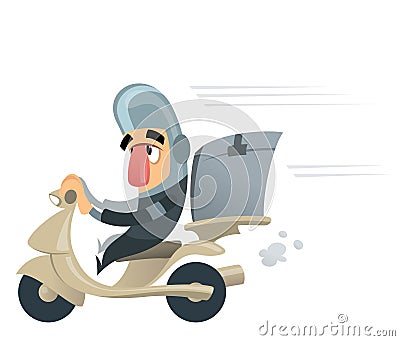 Funny delivery courier man delivering with scooter case Vector Illustration