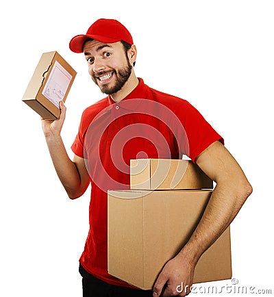 Funny delivery service man with boxes isolated on white Stock Photo