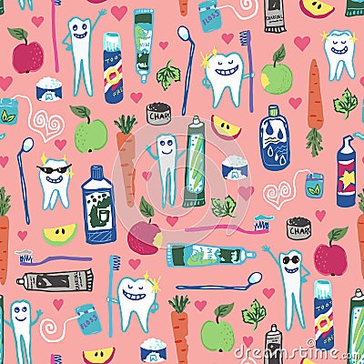 Funny dental health repeat pattern with tooth characters Vector Illustration