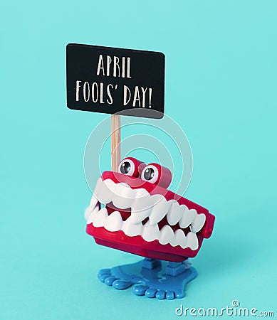 Funny denture and text april fools day Stock Photo