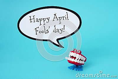 Funny denture and text happy april fools day Stock Photo