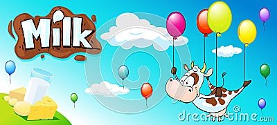 Funny design with cow, colorful balloon and milk products Vector Illustration