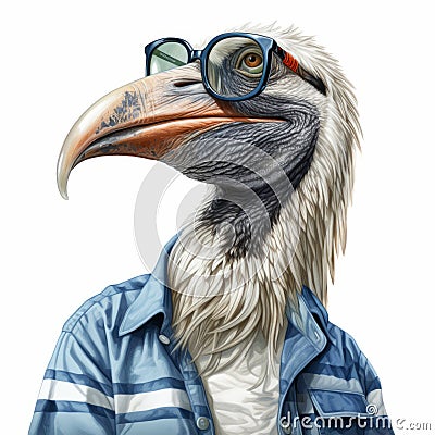 Funny And Detailed Vulture Portrait Illustration With Glasses And Shirt Cartoon Illustration