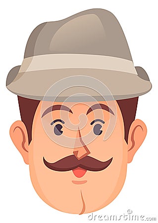 Funny detective portrait. Retro male cartoon character Vector Illustration