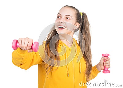 so funny. determination. happy teen girl with dumbbell. sport and fitness. Stock Photo