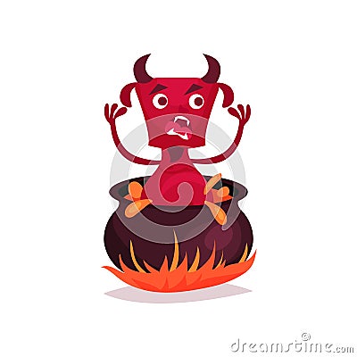 Funny devil with horns and tail in infernal cauldron, red demon cartoon character vector Illustration Vector Illustration