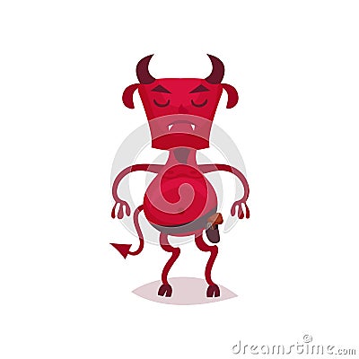 Funny devil with horns and tail standing closed eyes, red demon cartoon character vector Illustration Vector Illustration