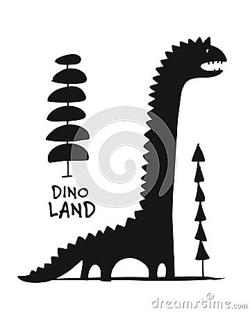 Funny dinosaur, black silhouette, childish style for your design Vector Illustration